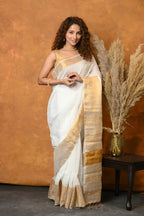Very Much Indian Handloom Pure Cotton Linen Saree With Golden Border - White | Grocsy