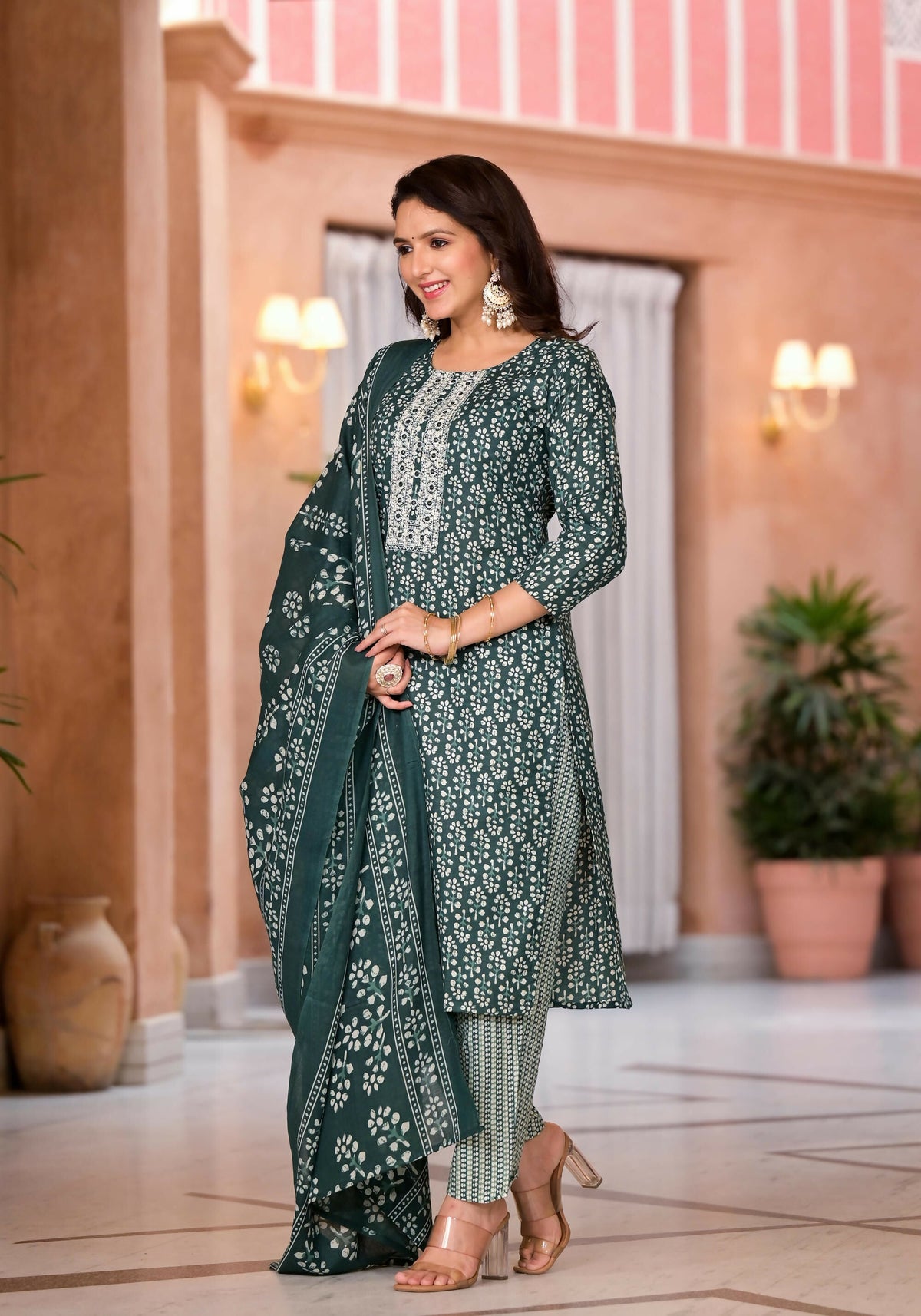 Juniper Women's Green Floral Printed Cotton Kurta Set With Thread & Mirror Work | Grocsy