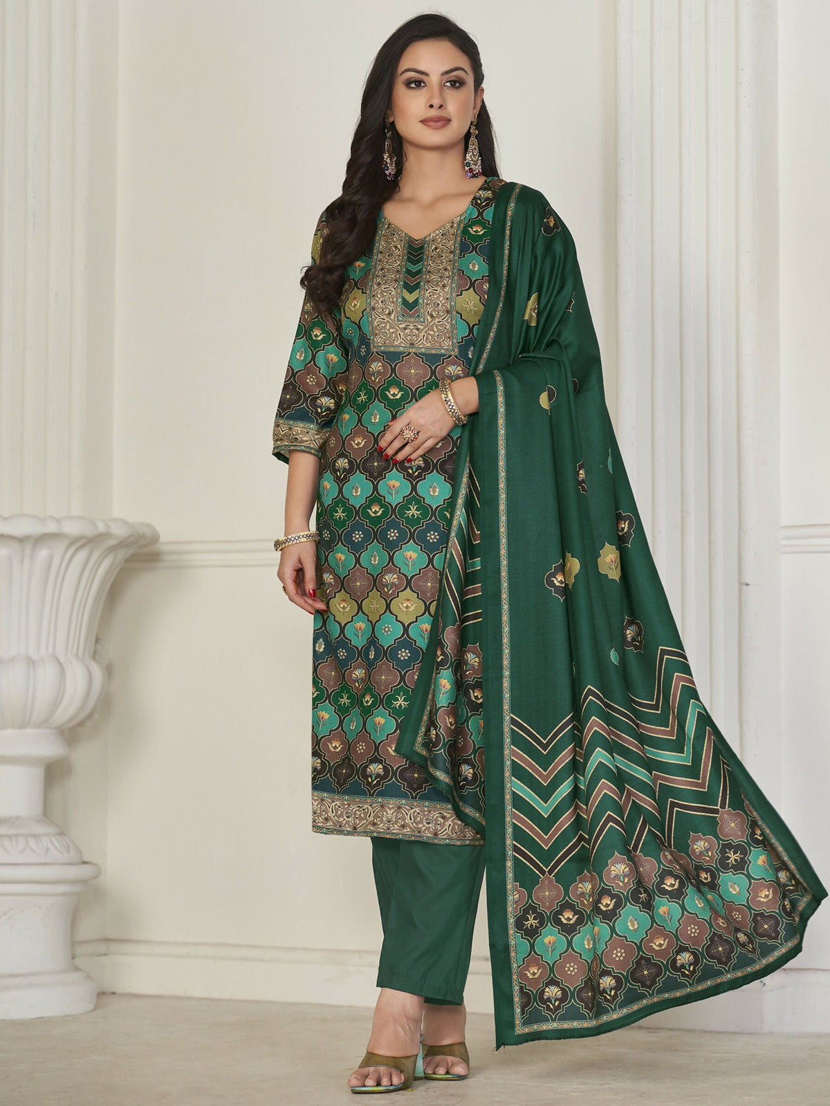 Jyoti Fashion Women's Multicolor Pashmina Digital Printed Kurta with Trouser & Dupatta | Grocsy