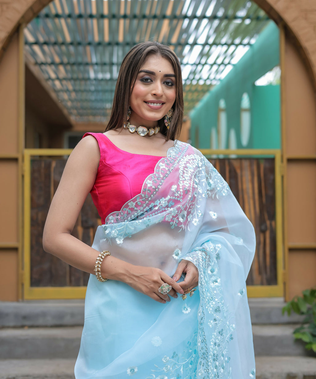 Vamsee Kiki Sky Organza Saree | Grocsy