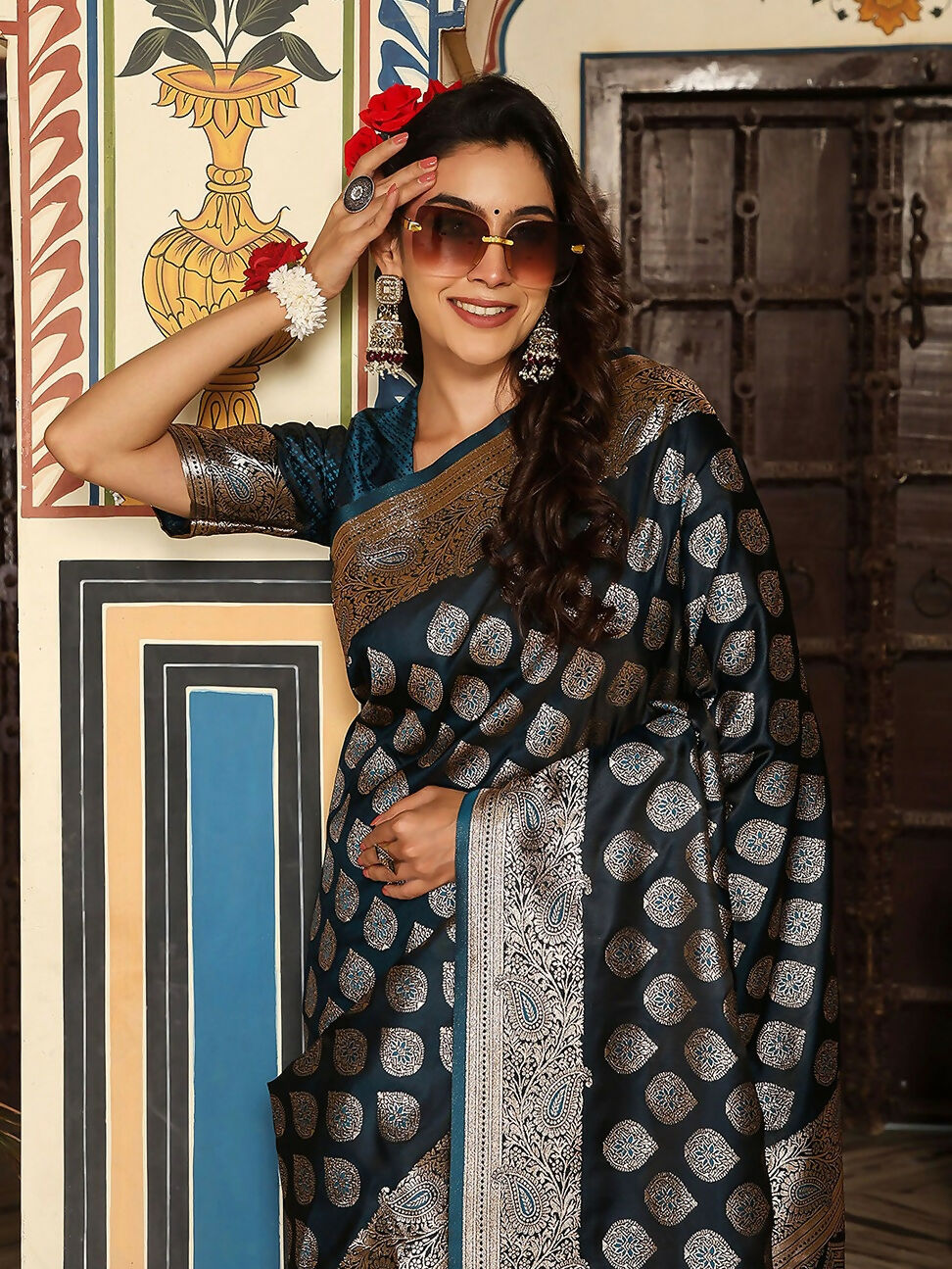 Shree Shyam Fashion Teal Silk Saree | Grocsy