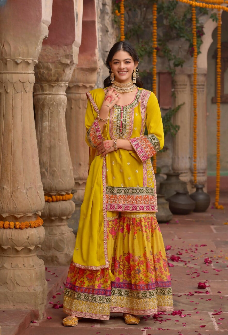 Anaita Yellow Chinon Readymade Palazzo Suit with Codding Dori & Sequence Work | Grocsy