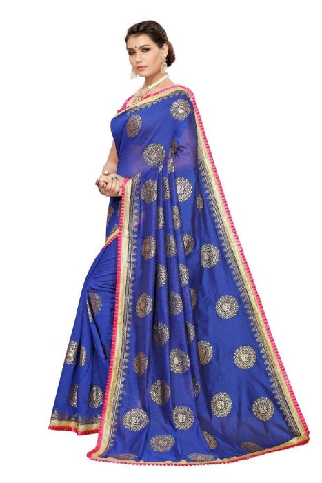 Vamika Chanderi Cotton Foil Print Blue Saree (GOLDEN BIRD BLUE) | Grocsy