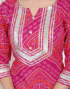 Miravan Women's Pink Bandhani Printed Straight Kurta with Palazzo & Dupatta | Grocsy