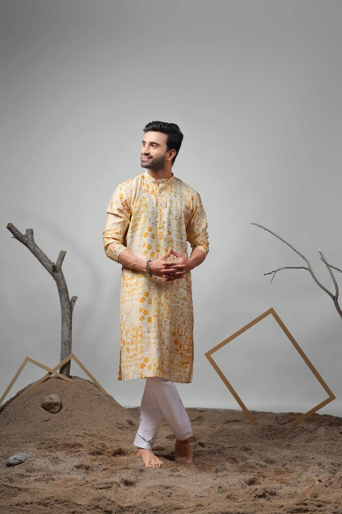 Yellow Modal Silk Designer Printed Kurta Set - Mahotsav | Grocsy