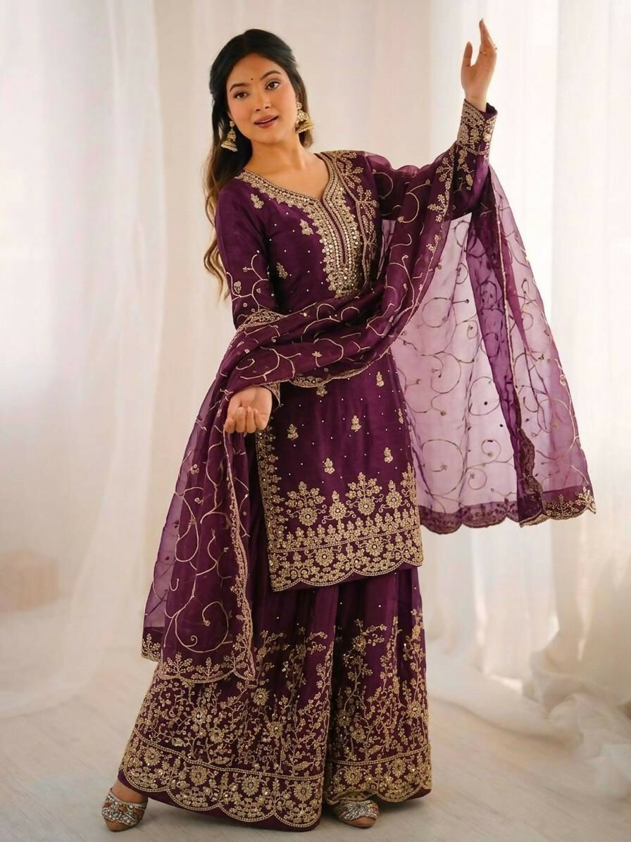 Teeya Creation Wine Color Gymmi Silk Embroidery Work Wedding Wear Sharara Set | Grocsy
