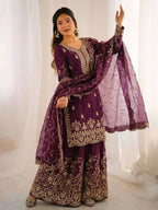 Teeya Creation Wine Color Gymmi Silk Embroidery Work Wedding Wear Sharara Set | Grocsy