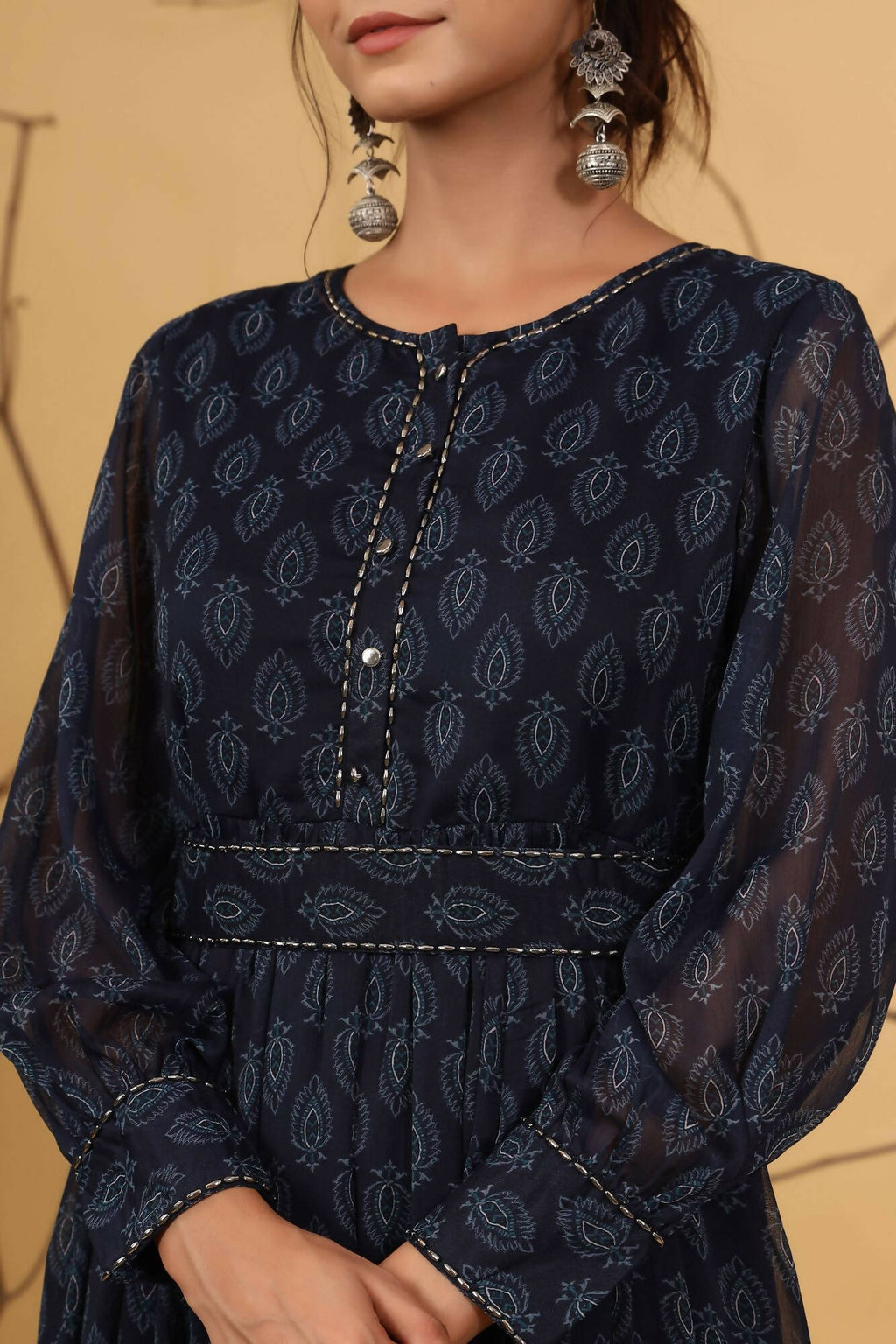 Juniper Women Navy Chiffon Printed Flared Dress | Grocsy