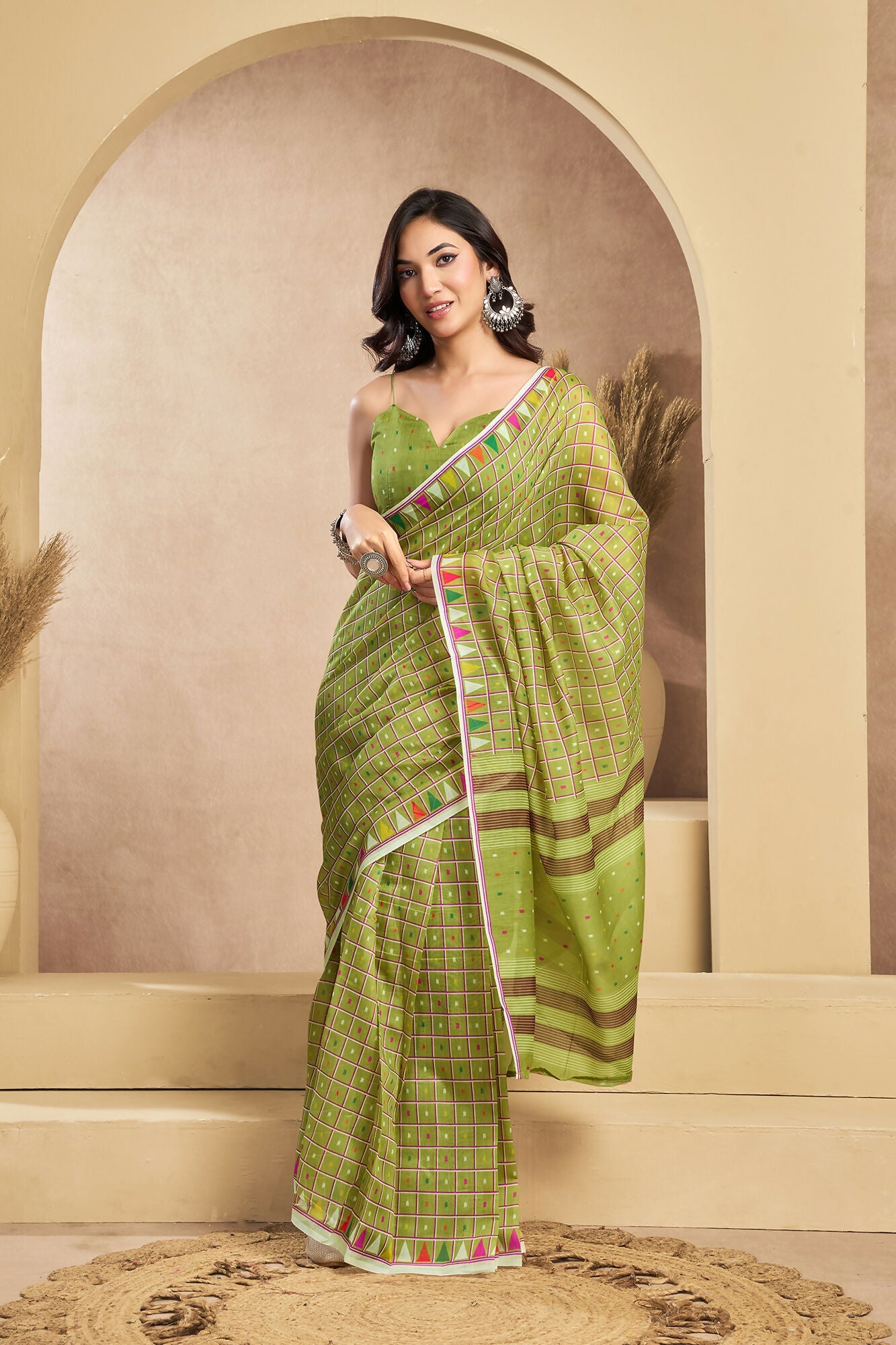Vastranavya Mehendi Digital Printed Linen Ready To Wear Designer Saree with Unstitched Blouse | Grocsy