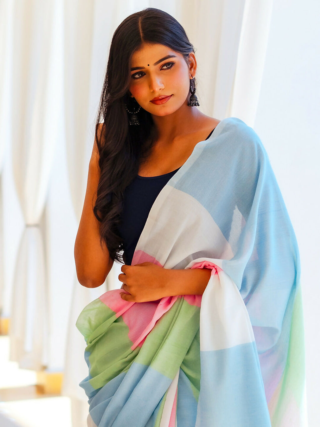 Zibaa Hand-Dyed Mul Cotton Multi-color Saree with Tassels | Grocsy