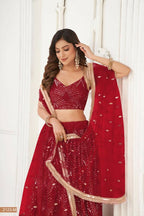 Aastha Fashion Maroon Butterfly Net Tone To Tone Thread Work, Sequence Work And Original Mirror Work Embroidery Wedding Wear Lehenga Choli | Grocsy