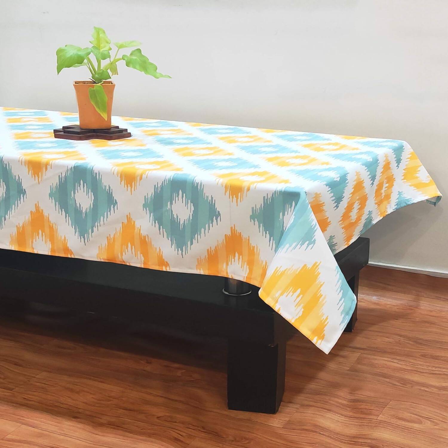 Stitchnest Ikat Yellow Teal Printed Poly Cotton Table Cover | Grocsy