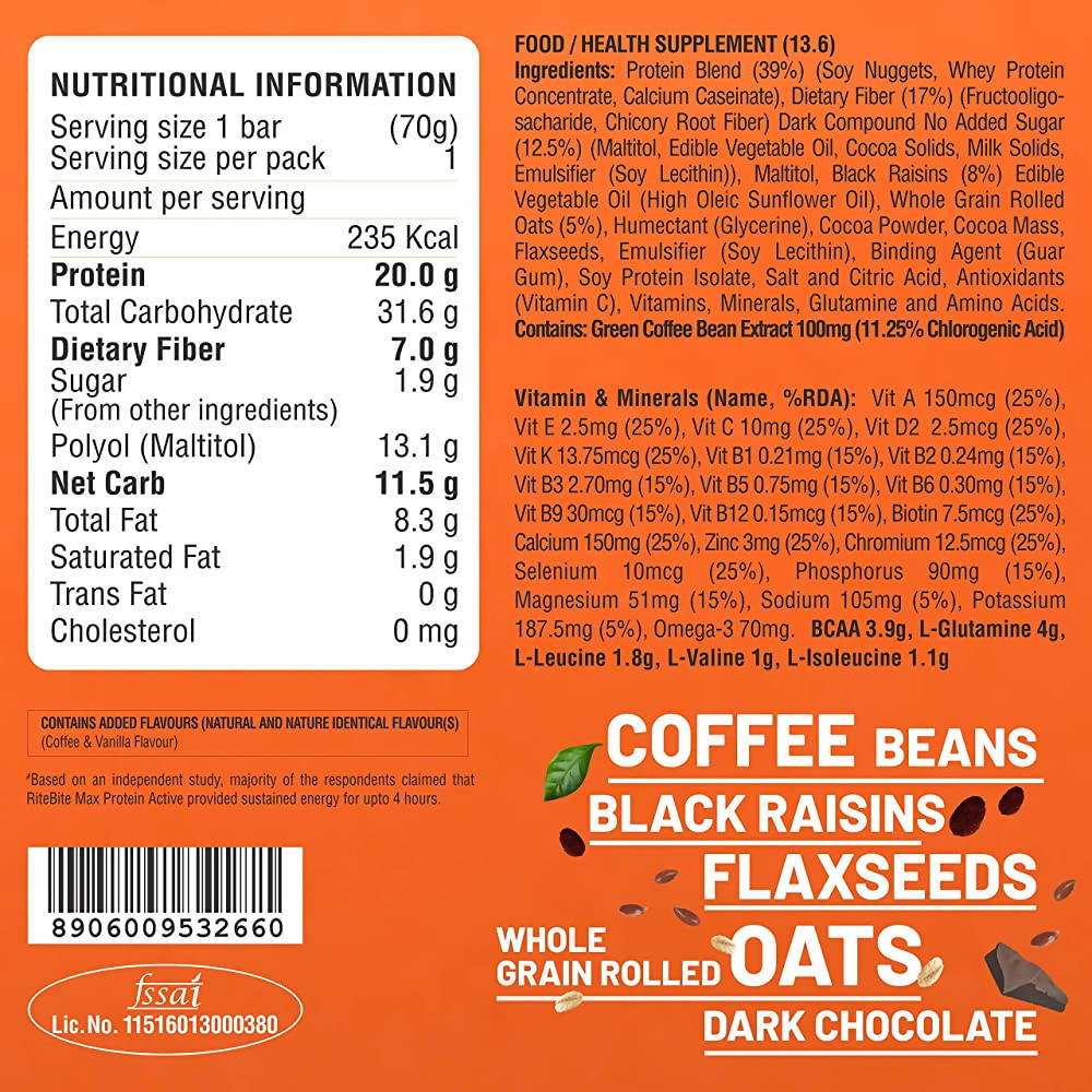RiteBite Max Protein Active Green Coffee Beans Bar | Grocsy