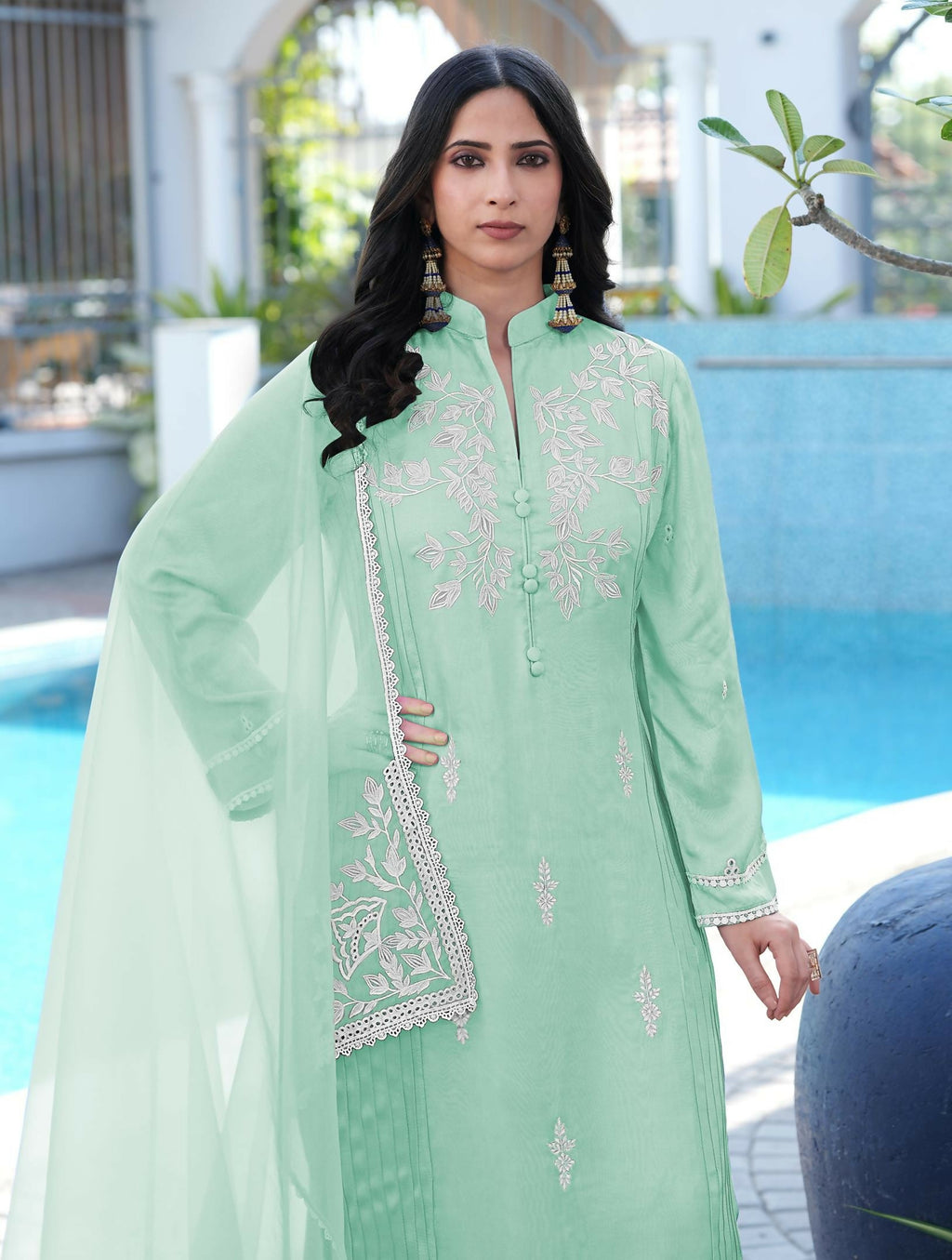 Nikhaar Light Green Embroidered Modal Silk Stitched Straight Cut Kurta Pants Dupatta Readymade Suit | Grocsy