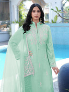 Nikhaar Light Green Embroidered Modal Silk Stitched Straight Cut Kurta Pants Dupatta Readymade Suit | Grocsy