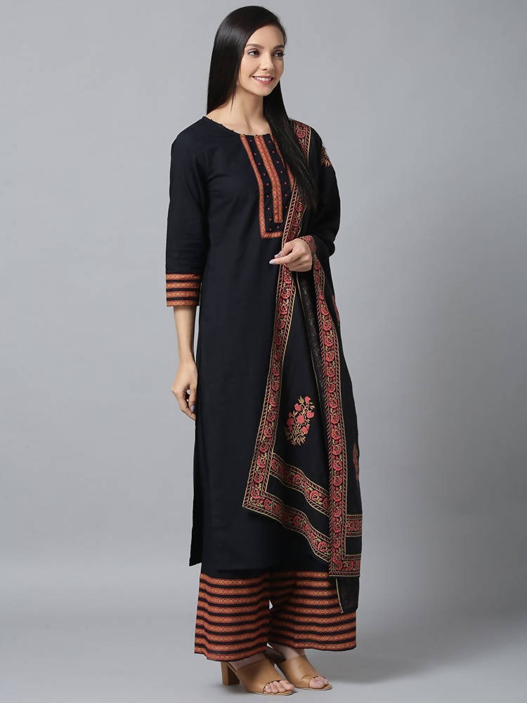 Yufta Women Black & Pink Yoke Design Kurta with Palazzo & Dupatta | Grocsy