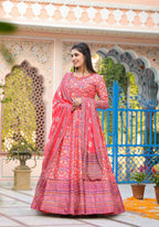 Functional Designer Red-Orange Dola Silk Anarkali suit with Dupatta - Ramya | Grocsy