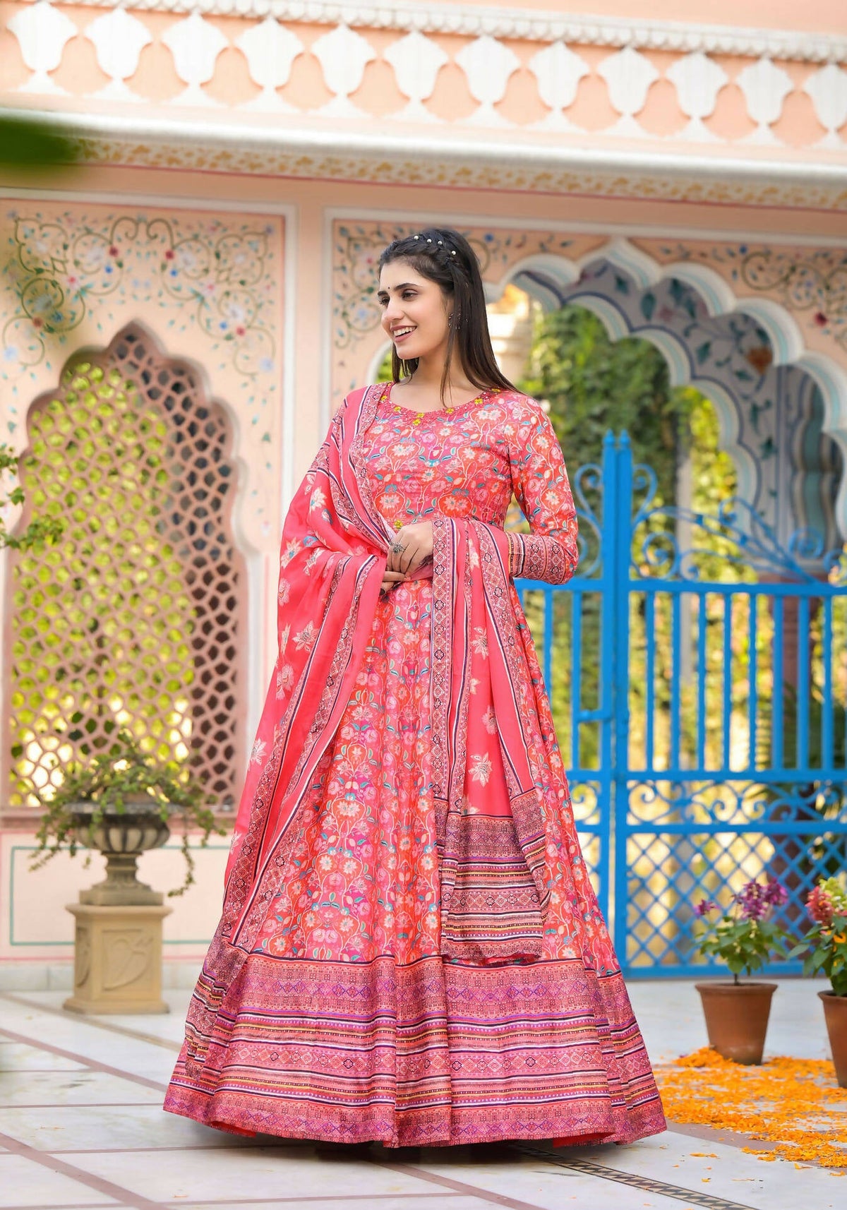 Functional Designer Red-Orange Dola Silk Anarkali suit with Dupatta - Ramya | Grocsy