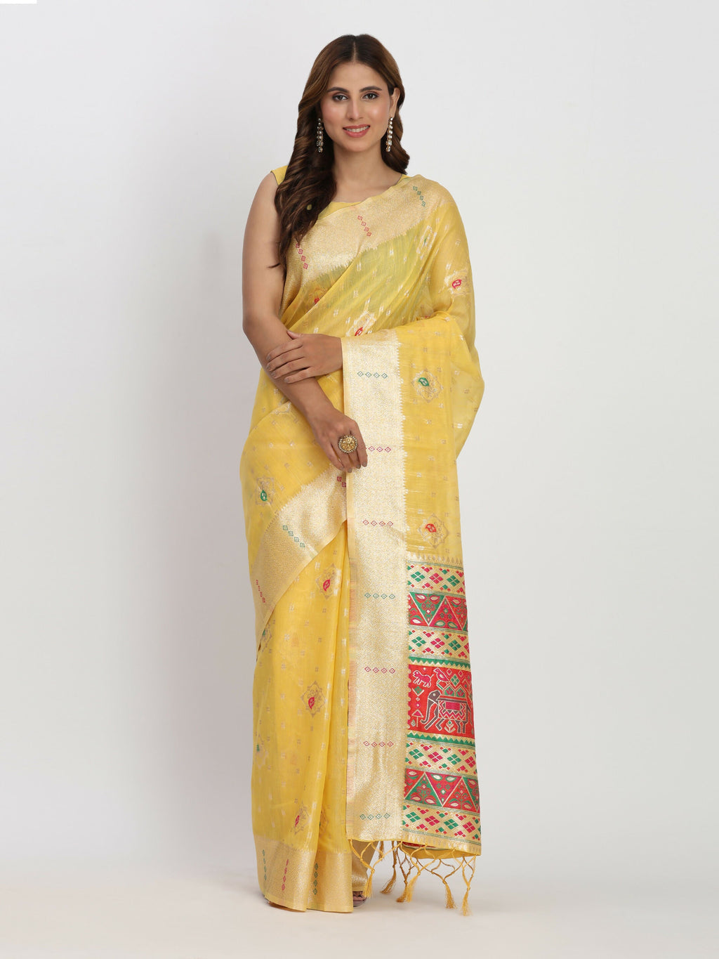 Shree Shyam Fashion Linen Cotton Yellow Saree | Grocsy