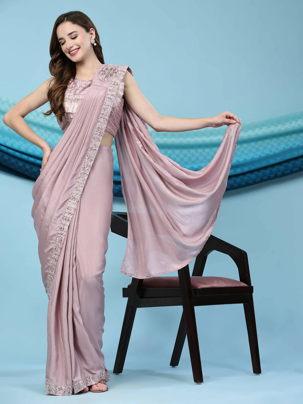 Pink Silk Satin Solid Ready to wear Saree with stitched Blouse - Satiksha | Grocsy