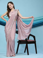 Pink Silk Satin Solid Ready to wear Saree with stitched Blouse - Satiksha | Grocsy
