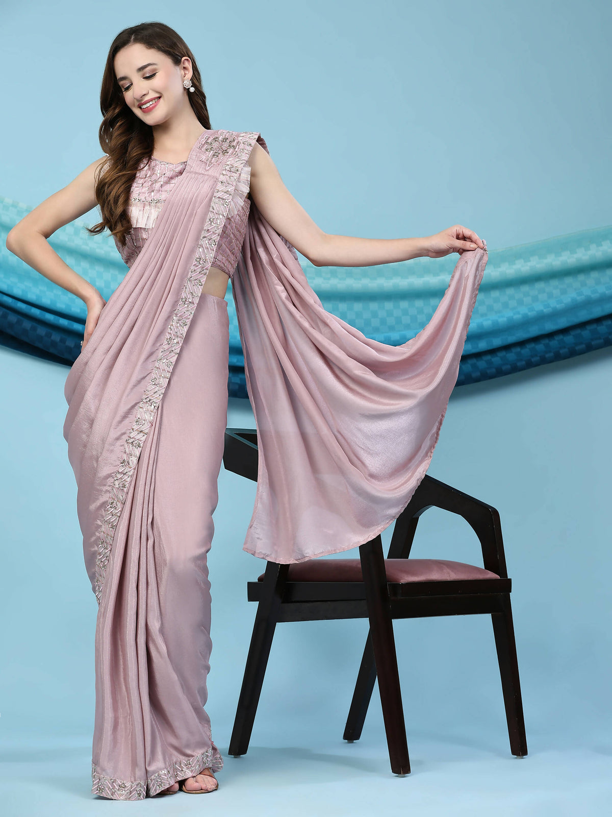 Pink Silk Satin Solid Ready to wear Saree with stitched Blouse - Satiksha | Grocsy