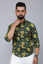 Miravan Men's Cotton Printed Full Sleeve Slim Fit Spread Neck Green Shirt | Grocsy