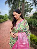 Vamsee Bhavi Pink Tussar Dola Satin Silk Saree | Grocsy