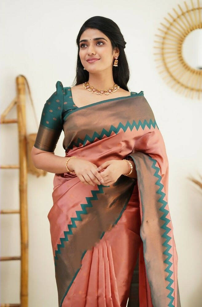 DEIANA'S Beautiful Designer Golden zari Soft Lichi Silk Saree - Peach | Grocsy