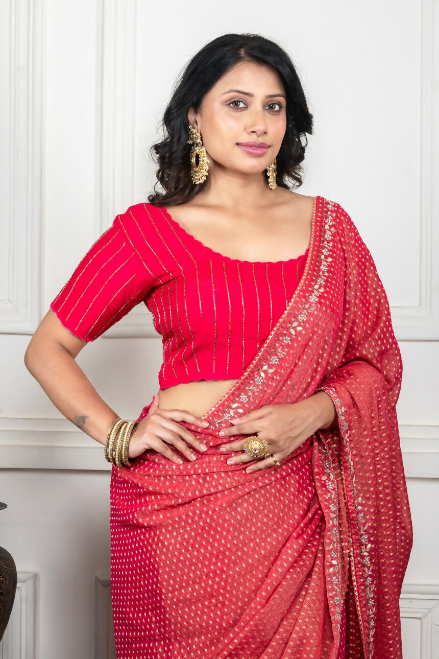 Morchari Pink Pure Chiffon Hand Embroidery Saree And Stitched Blouse | Grocsy