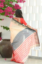 Beatitude Cream Temple Border Cotton Saree | Grocsy