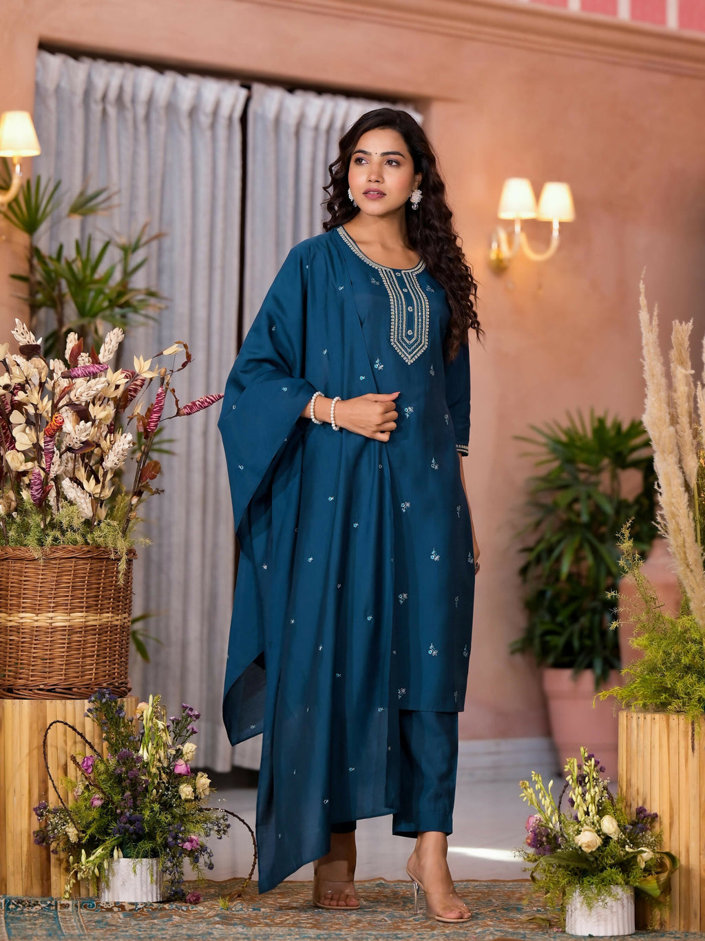 Juniper Women's Teal Thread Work Embroidered Viscose Kurta Pant And Dupatta Set With Buttons Work | Grocsy