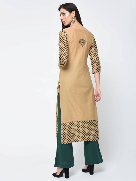 Aniyah Cotton Block Printed Beige Straight Kurta (AN-126K) | Grocsy