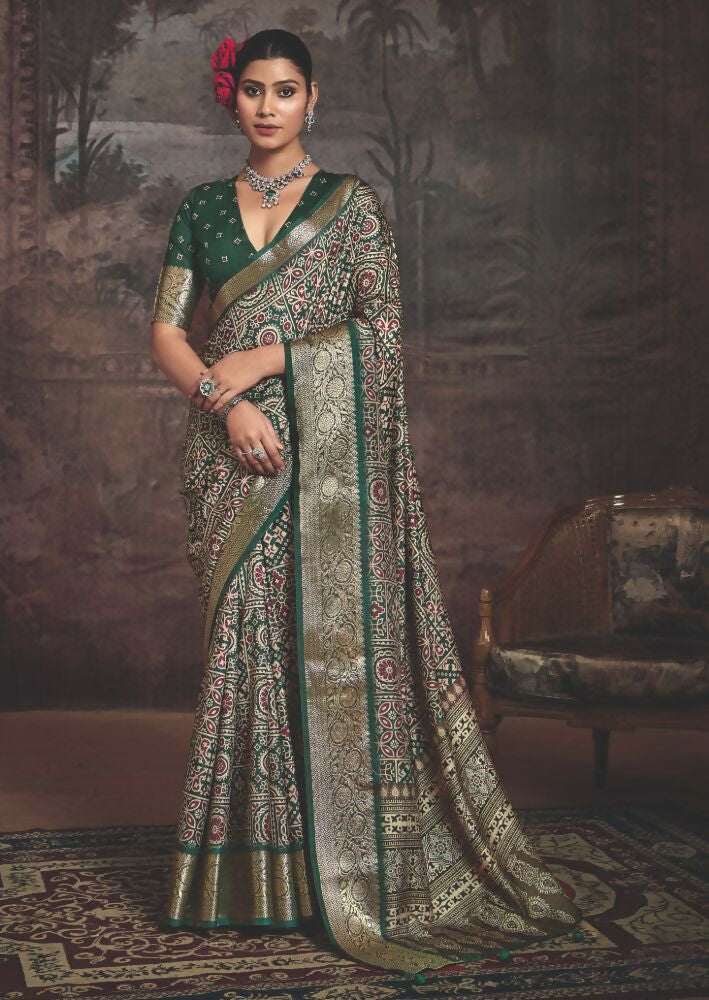 Joban Fashion Green Multi Color Dola Tussar Silk Self Jacquard Border Saree | Grocsy