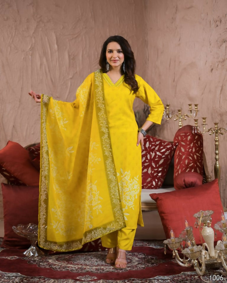 Festive Ethnic Viscose Chanderi Yellow Stitched Suit With Dupatta - Rashmika | Grocsy