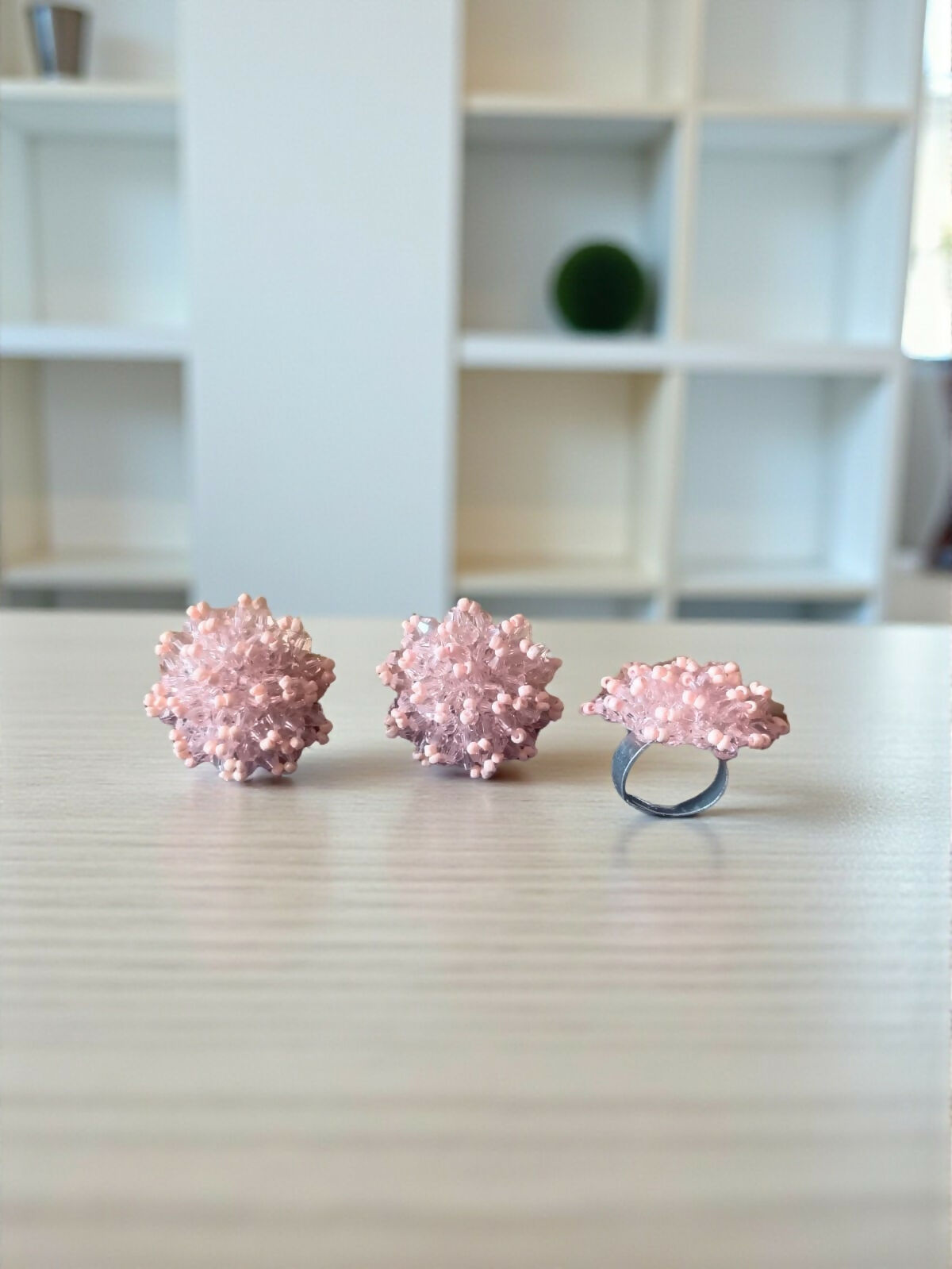 Inhanns Rangmani Crystal Duo – Adjustable Ring + Statement Earrings Set - Baby Pink | Grocsy