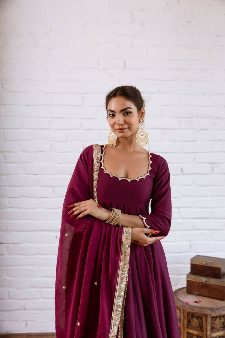 Teeya Creation Wine Solid Silk Blend Anarkali Suit With Pants And Dupatta | Grocsy