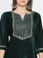 Women Republic Green Velvet Embroidered Kurta With Pant | Grocsy