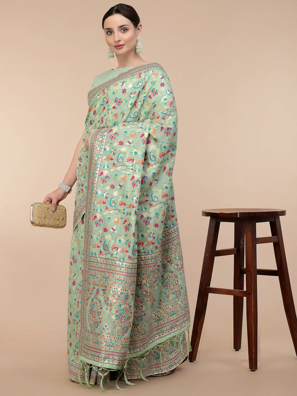 Sea Green Silk Blend Woven Design Saree With Unstitched Blouse Piece - Aloki | Grocsy