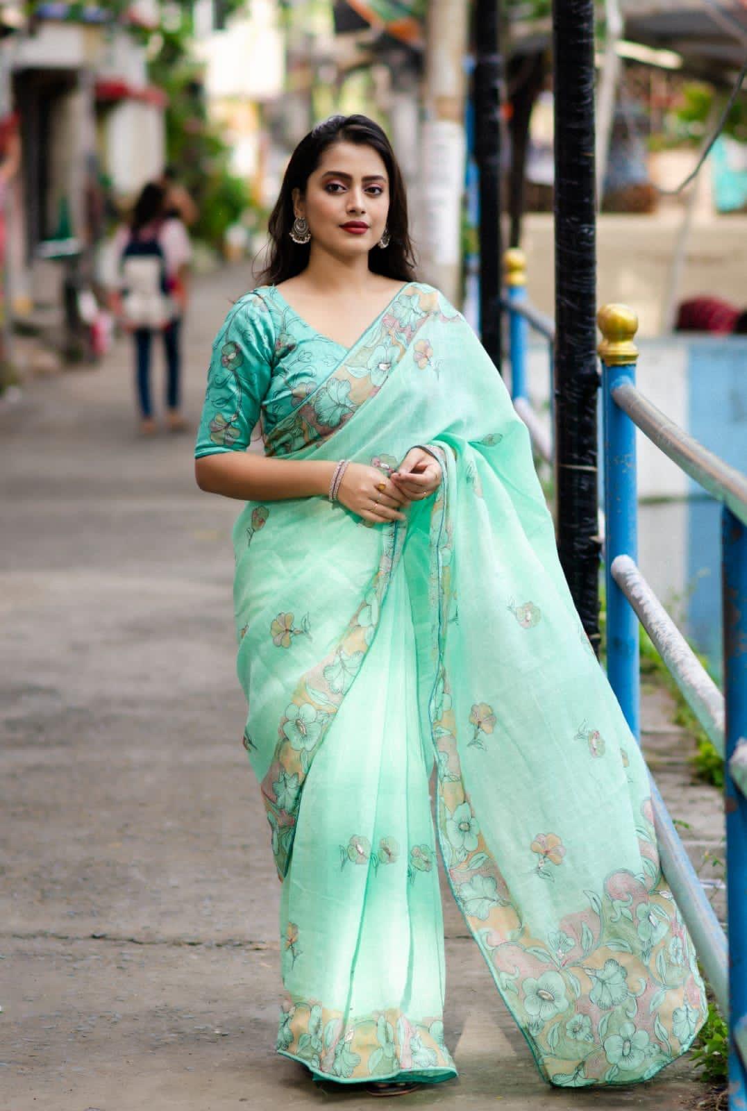 SeaGreen Pure Linen Ethnic Motifs Saree with Unstitched Blouse - Hiral Fashion | Grocsy