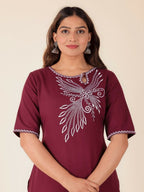 Aramya Maroon Linen Cotton Solid Print Straight Kurta Set for Women | Grocsy