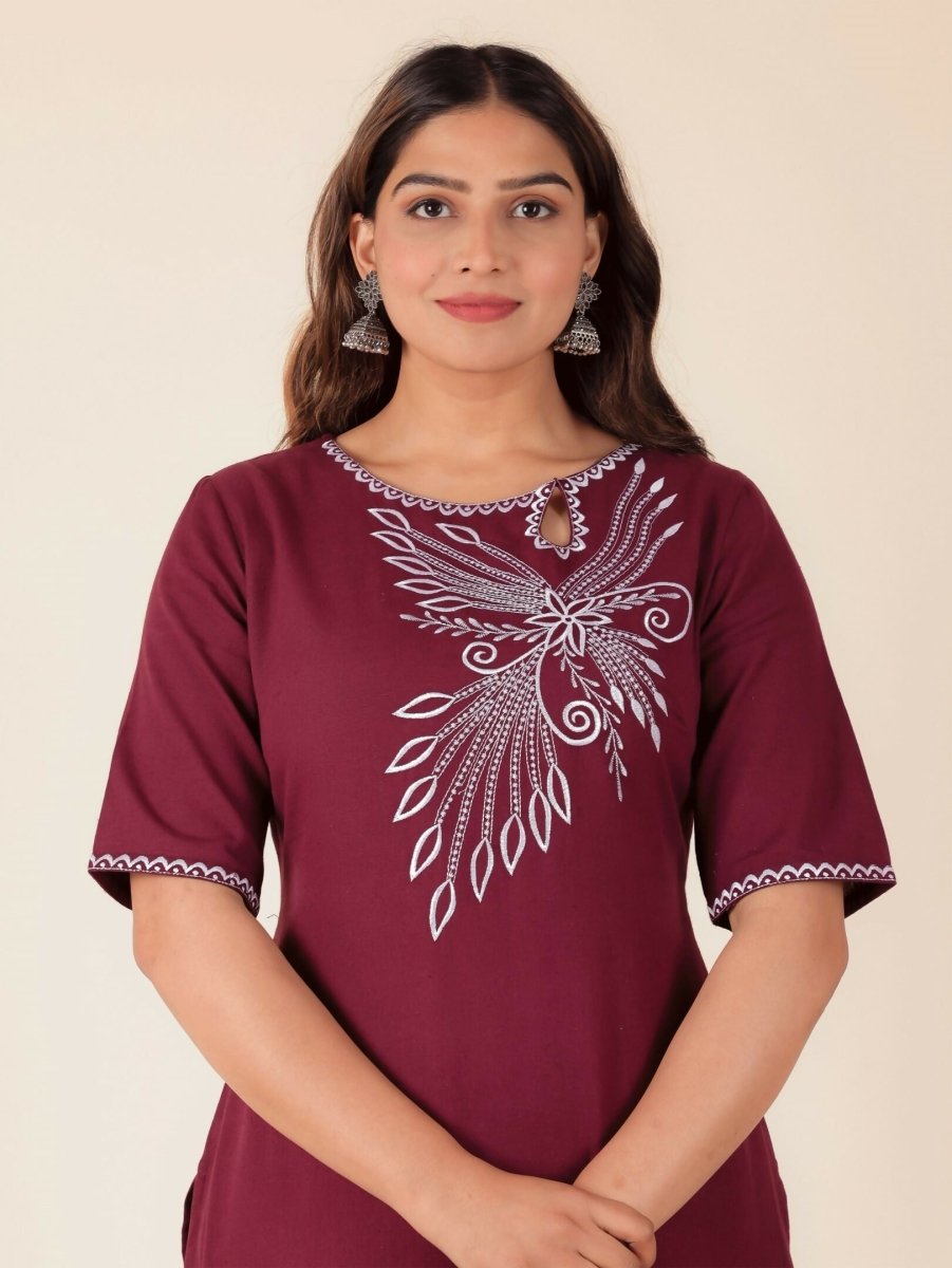 Aramya Maroon Linen Cotton Solid Print Straight Kurta Set for Women | Grocsy
