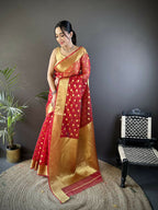 Joban Fashion Red Polka-Dot Zari Woven Organza Silk Banarasi Silk Saree | Grocsy