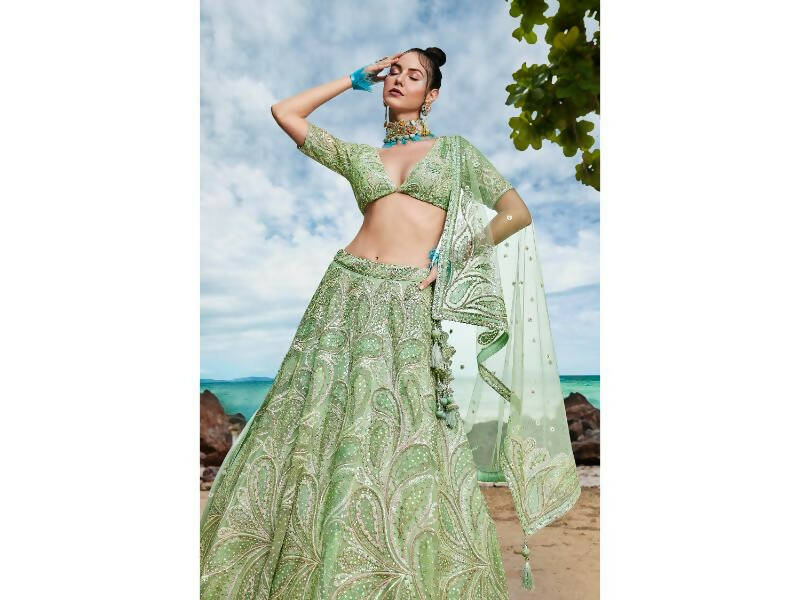 House of Panchhi Lime green Net Multi Sequins with heavy Zarkan embroidery Lehenga choli & Dupatta | Grocsy