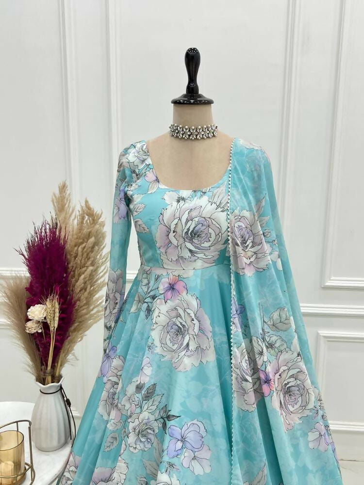 The52 Women's Gorgeous Printed Fox Georgette Fabric Flared Anarkali and Dupatta Set-Sky | Grocsy