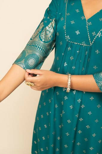 FIORRA Women's Teal Blue Crepe A-Line Kurta Pant with Dupatta | Grocsy