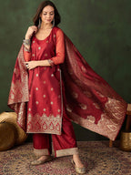 Sangria Woven Design Kurta & Palazzo With Dupatta | Grocsy