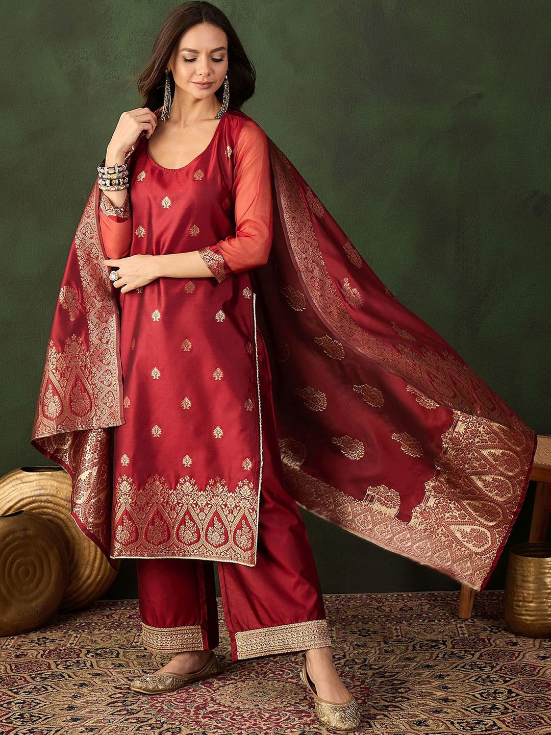Sangria Woven Design Kurta & Palazzo With Dupatta | Grocsy