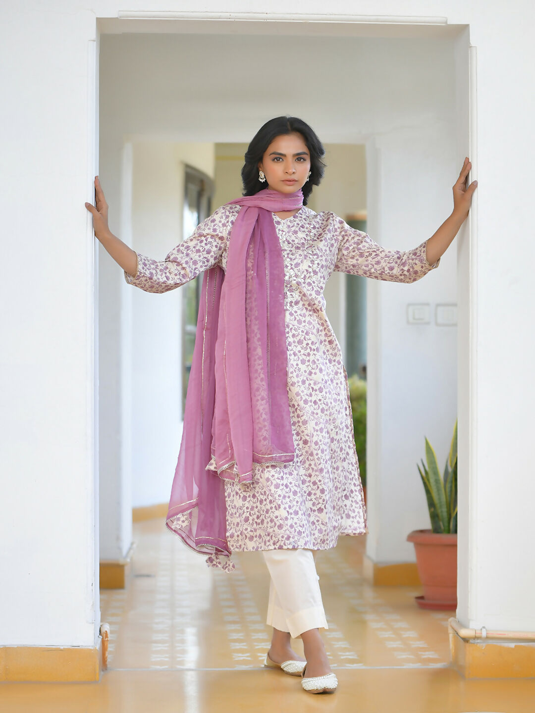 Vaasva Women's Grape Cream Cotton Foil Printedembroidered Suit Set | Grocsy