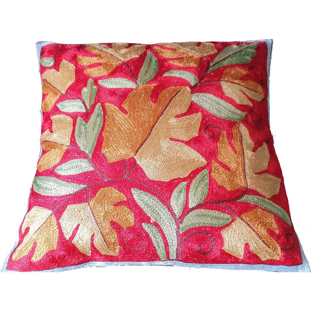 The Decor Nook Hand Embroidered Crewel Cushion Covers in Mustard Chinar Leaf Motif with Red Base | Grocsy